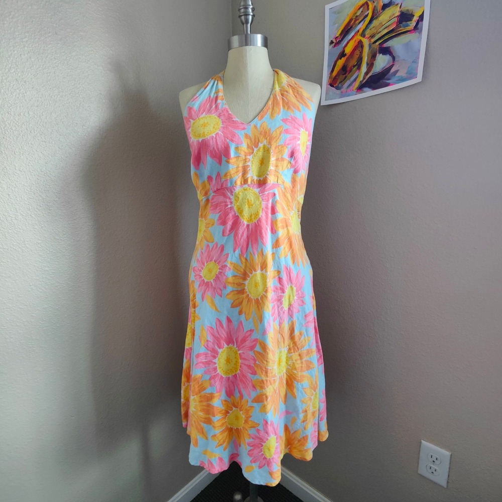 Liz Claiborne 100% Linen Halter Mini‎ Dress Pink Sunflower Floral Beach Coquette